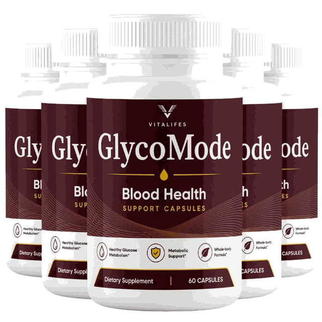 Five bottles of GlycoMode arranged on a red background