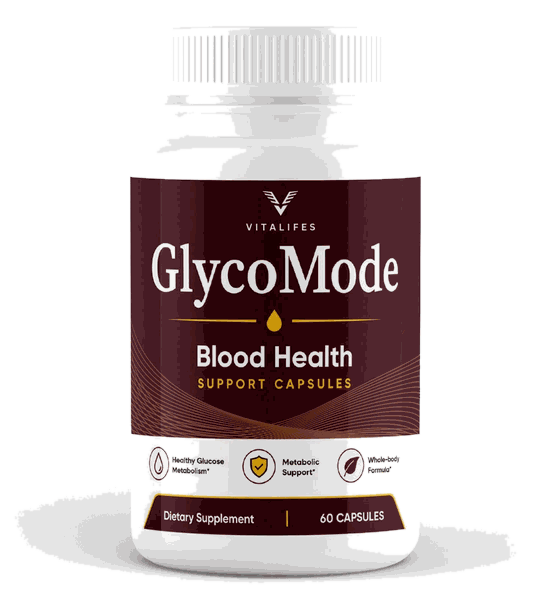 GlycoMode bottle, 60 capsules, deep burgundy label reading Blood Health Support Capsules