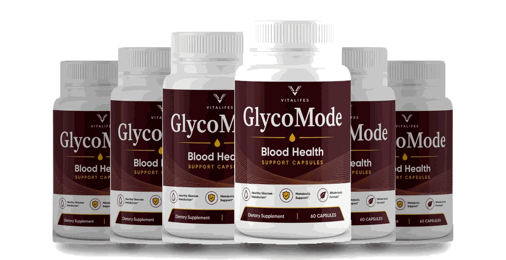 Six bottles of GlycoMode capsules in a row
